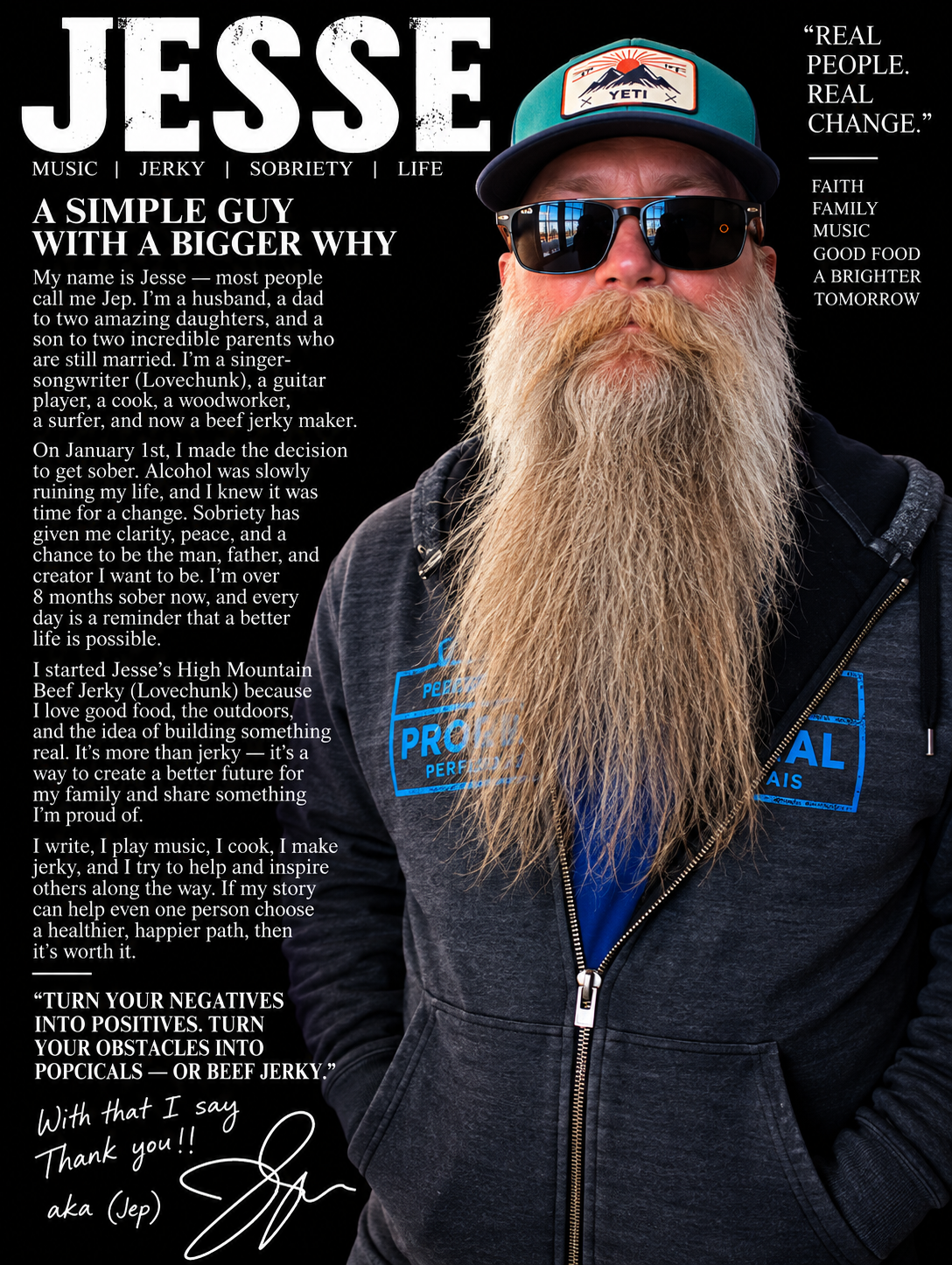 Jesse Evans biography poster with his portrait and story about music, family, sobriety, and making beef jerky